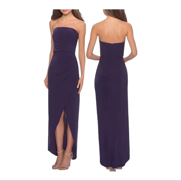 La Femme - 28204 Strapless Jersey Sheath Dress Gown With Slit Purple Sz 2 NWOT - Picture 9 of 10